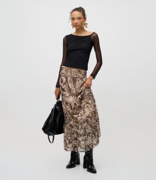 Saia Longa em Chiffon Paisley e Babado Bege e Marrom