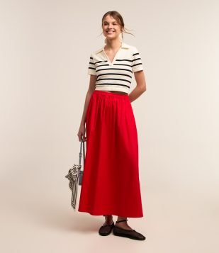Saia Midi em Tricoline com Elástico na Cintura Vermelho