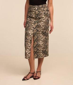 Saia Reta New Midi em Sarja com Estampa de Cobra Cinza