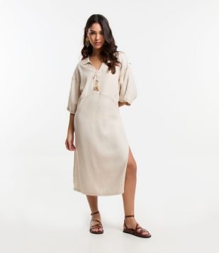 Saída de Praia Vestido em Viscolinho com Amarração com Sol Bege