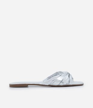 Sandália Rasteira Mule Metalizado Craquelada Prata