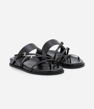 Sandália Rasteira de Tiras em PU com Fivela Preto