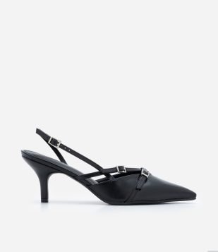 Sapato Scarpin Slingback com Fivelas e Bico Fino Preto