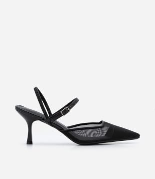 Sapato Scarpin Slingback em PU com Recorte de Tela Preto