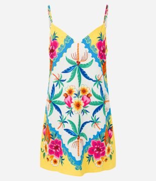 Vestido Curto em Viscose e Linho com Estampa Tropical Amarelo