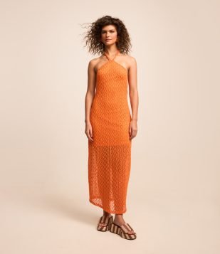 Vestido Longo Reto em Renda Frente Única Laranja