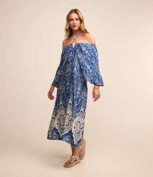 Vestido Midi em Viscose com Amarração no Decote e Estampa Arabescos Azul