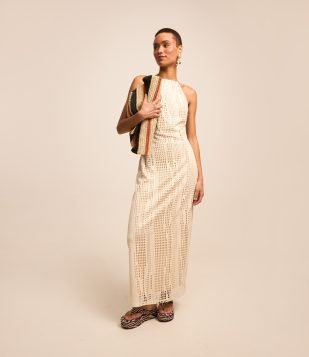 Vestido New Midi com Textura Furadinha e Costas Abertas Bege