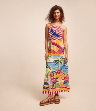 Vestido New Midi em Viscose e Linho com Estampa Tropical Multicores