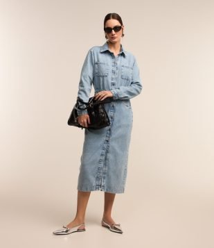 Vestido Reto Midi Jeans com Abotoamento Total Frontal Azul