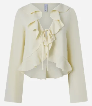 Camisa em Crepe com Efeito Airflow com Amarradinho e Babado Amarelo