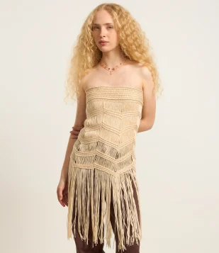 Blusa em Tricot Alongada com Franjas Macrame Bege