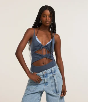 Body Cut Out em Microfibra com Amarração Azul