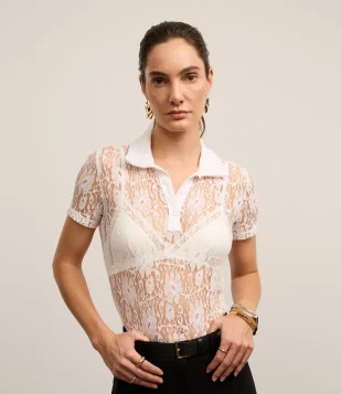 Blusa em Renda com Gola Polo e Textura Floral Branco