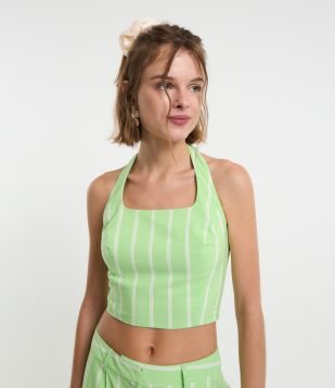 Blusa Cropped Frente Única em Tricoline Listrado com Lastex Verde