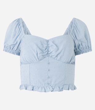 Blusa Cropped em Viscose com Textura e Botões Frontais Azul Claro