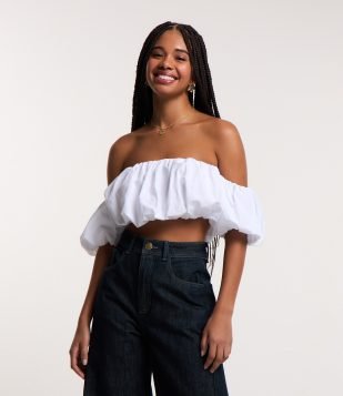 Blusa Ombro a Ombro em Tricoline Balonê Branco