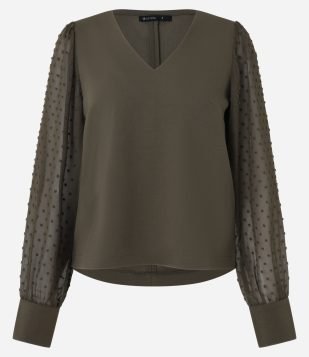Blusa em Crepe com Manga em Chiffon Poá Verde Oliva