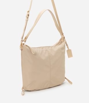 Bolsa Hobo Grande em Material Sintético com Pendente Lateral Bege