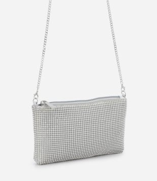 Bolsa Transversal com Alça Corrente e Detalhes em Strass Prata
