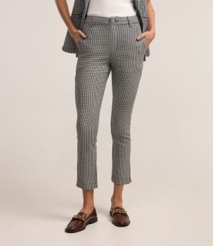 Calça Cigarrete Cintura Alta em Sarja Xadrez Vichy Cinza