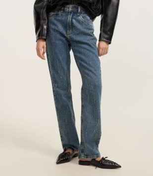 Calça Mom Comfort em Jeans com Brilhos de Strass Azul