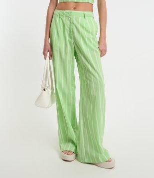 Calça Reta em Tricoline Listrada em Alfaiataria Verde