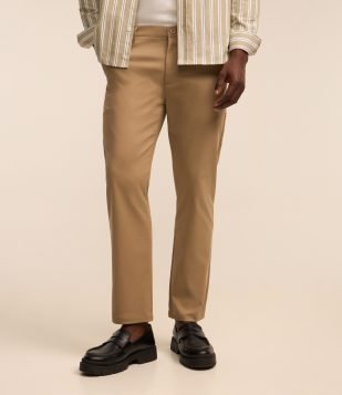 Calça Slim Sarjado Cropped Alfaiatada com Bolsos Marrom Claro