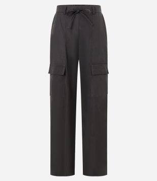 Calça Wide Leg em Cupro com Pespontos Preto