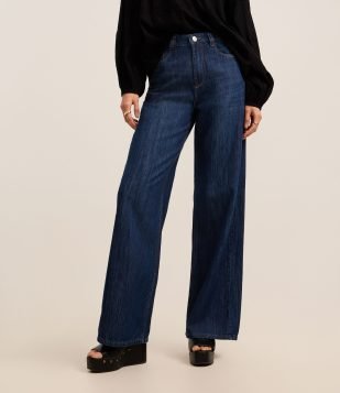 Calça Wide Leg em Jeans com Cós Alfaiatado Azul Escuro