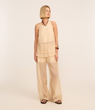 Calça Wide Leg em Liocel com Cintura Alta e Textura Bege