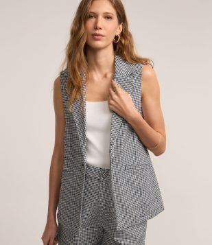 Colete Longo em Sarja Xadrez Vichy com Botão Forrado Preto-Branco