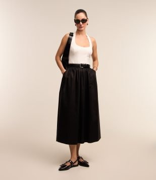 Saia Midi em Tricoline com Elástico na Cintura Preto