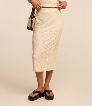 Saia Reta com Cós Elástico e Texturas Off White