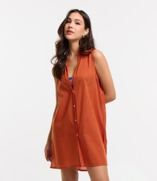 Saída de Praia Camisa sem Manga em Voal com Abotoamento Frontal Laranja