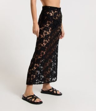 Saída de Praia Saia em Guipir com Texturas Preto