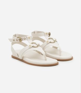 Sandália Rasteira em PU com Tiras Sobreposta e Argola Bege