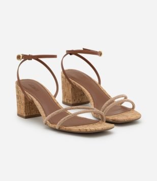 Sandália com Tiras em Strass e Sola Efeito Cortiça Bege