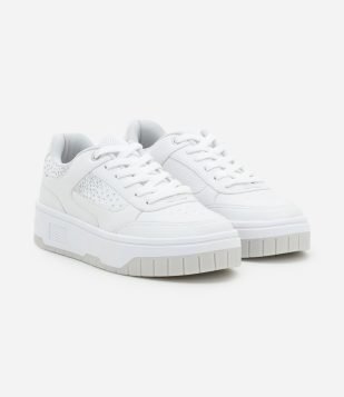 Tênis Casual em PU Sola Caixa com Aplicação de Strass Branco-AC