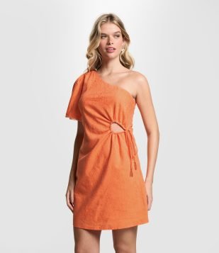 Vestido Curto em Viscose Decote Ombro Só e Recorte Vazado Laranja