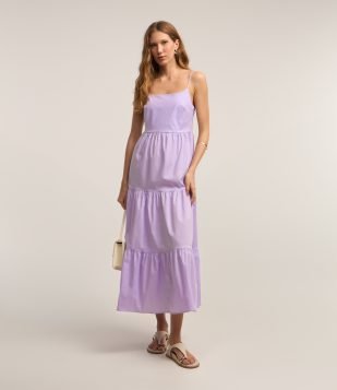 Vestido Longo em Tricoline com Alcinha Fina e Zíper Lateral Lilás