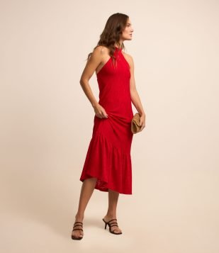 Vestido Midi em Laise com Decote nas Costas Vermelho