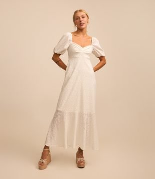 Vestido New Midi em Laise com Decote Coração Branco