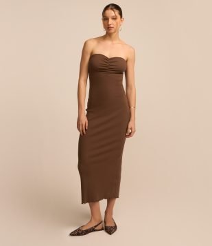 Vestido New Midi em Ribana Tomara que Caia com Drapeado Marrom