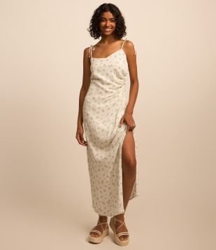 Vestido New Midi em Viscose Floral Liberty com Amarração nas Alças Branco