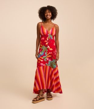 Vestido New Midi em Viscose e Linho com Estampa Tropical Vermelho