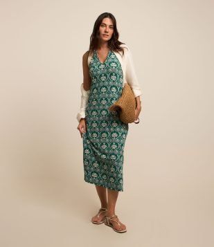 Vestido Sem Manga em Viscose com Coqueiros Estampados Verde