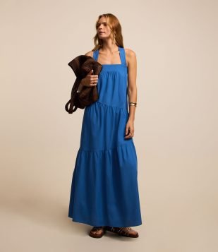 Vestido Tricoline Liso decote quadrado com marias e alças de amarração