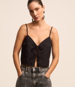 Blusa de Alça em Algodão com Textura Jacquard e Amarração Preto