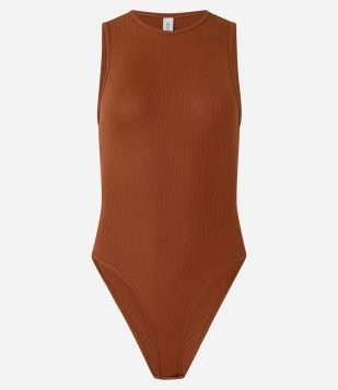 Body sem Manga em Ribana de Poliamida Marrom Caramelo